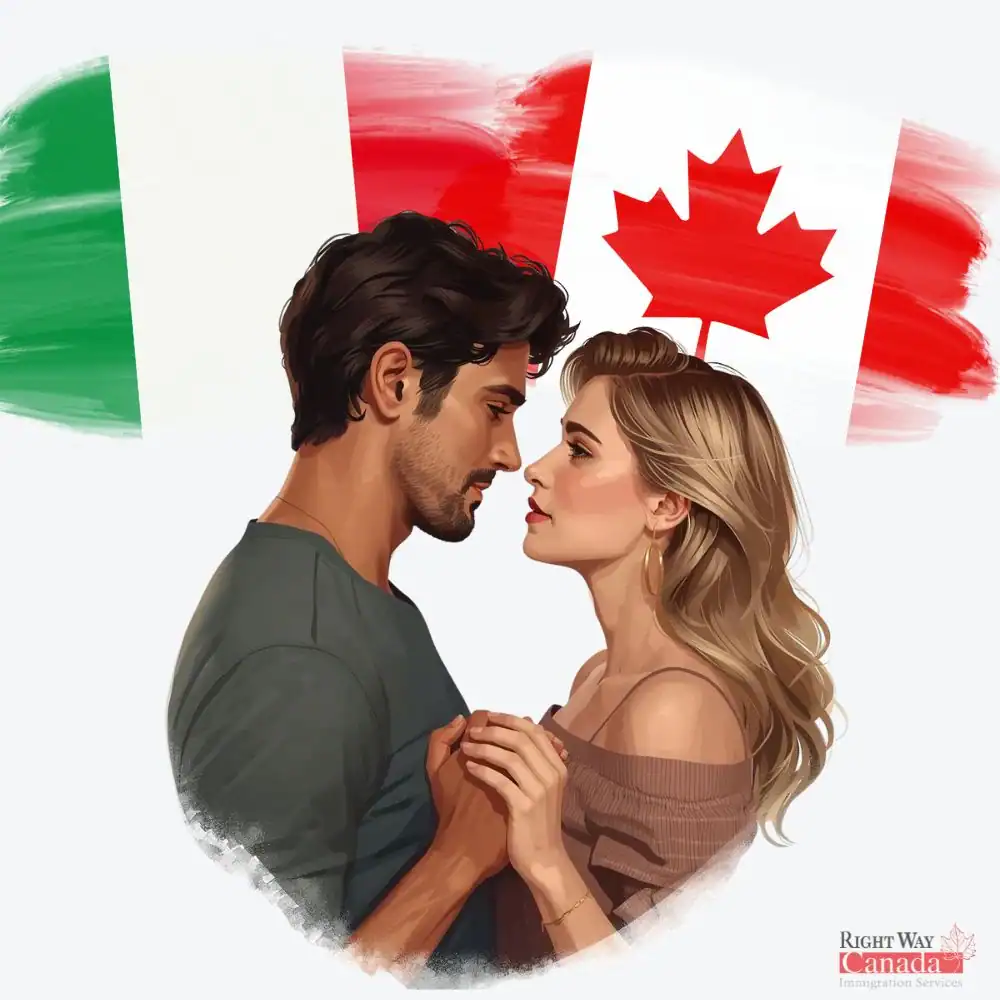 Couple with Italian and Canadian flags representing spousal sponsorship from Italy to Canada