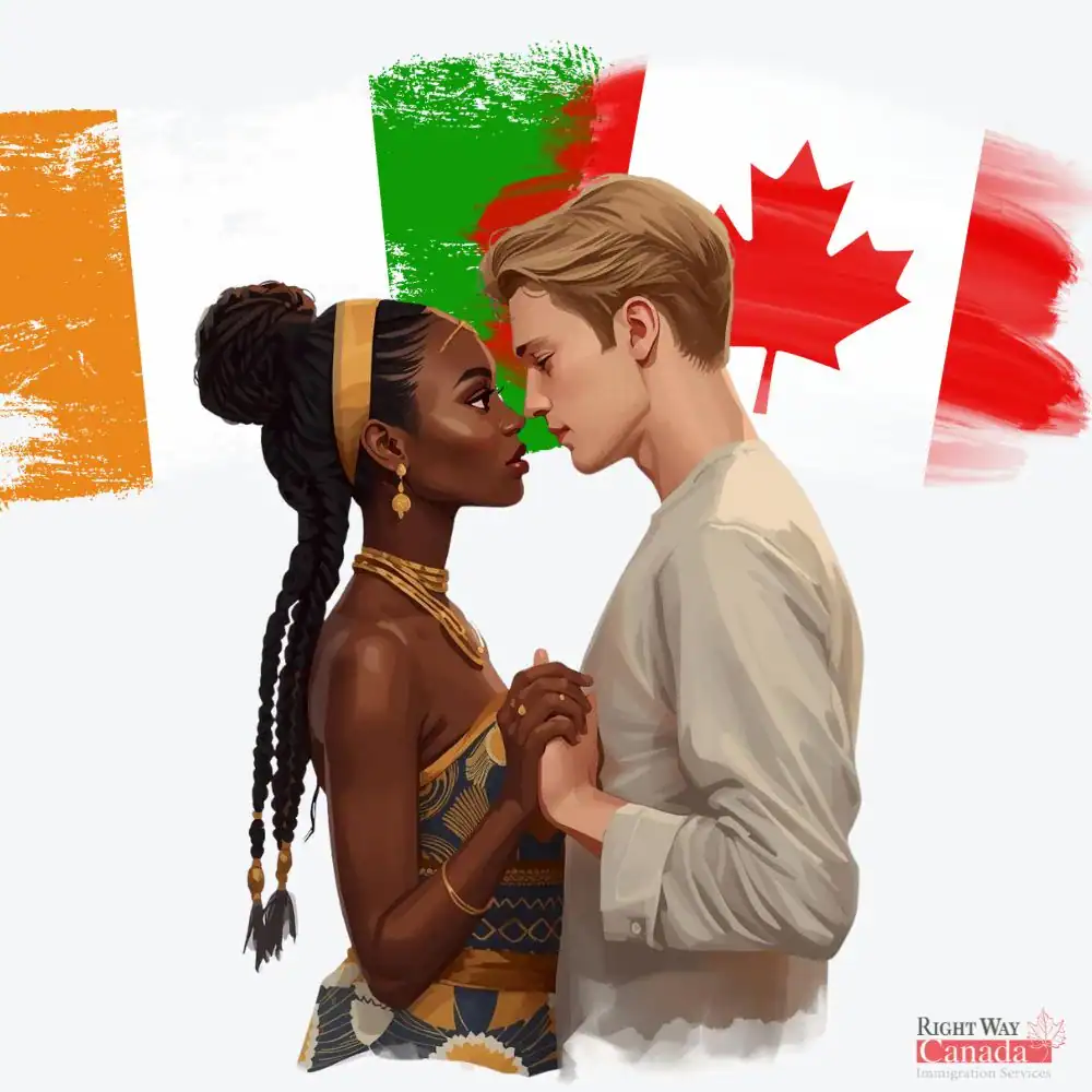 Couple with Ivorian and Canadian flags representing spousal sponsorship from Ivory Coast to Canada