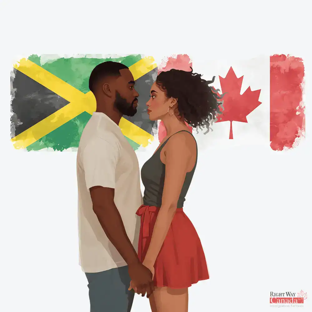 Couple with Jamaican and Canadian flags representing spousal sponsorship from Jamaica to Canada