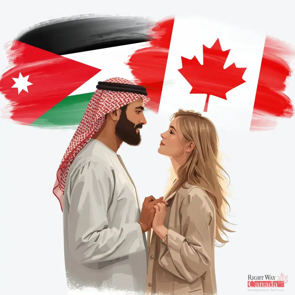 Couple with Jordanian and Canadian flags representing spousal sponsorship from Jordan to Canada