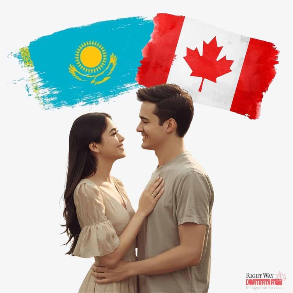 Couple with Kazakhstani and Canadian flags representing spousal sponsorship from Kazakhstan to Canada