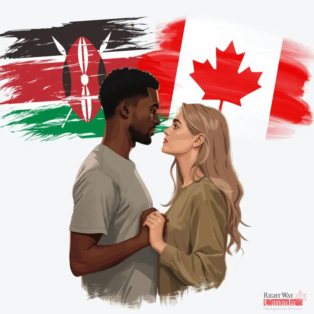 Couple with Kenyan and Canadian flags representing spousal sponsorship from Kenya to Canada