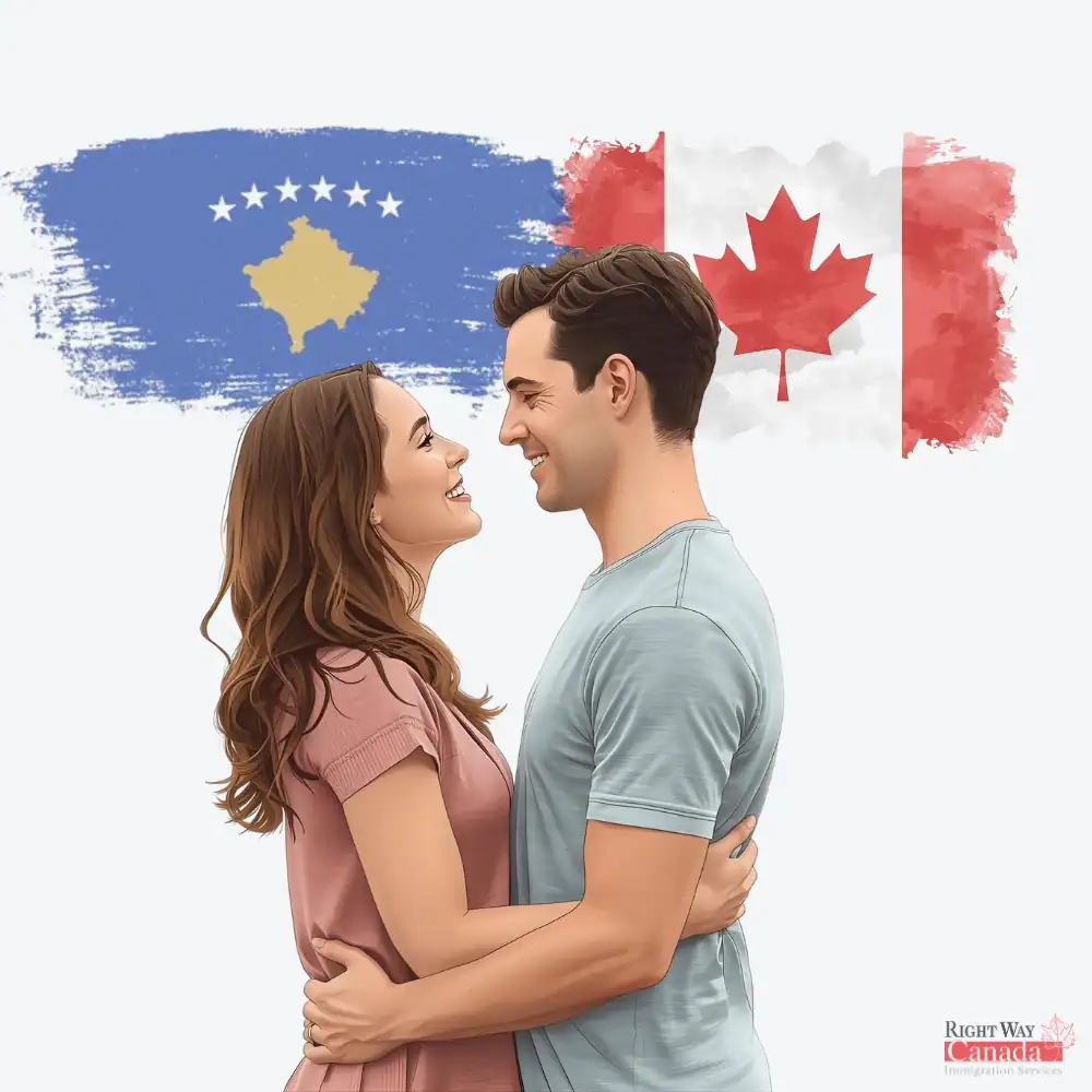 Couple with Kosovan and Canadian flags representing spousal sponsorship from Kosovo to Canada