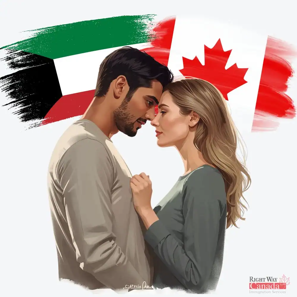 Couple with Kuwaiti and Canadian flags representing spousal sponsorship from Kuwait to Canada