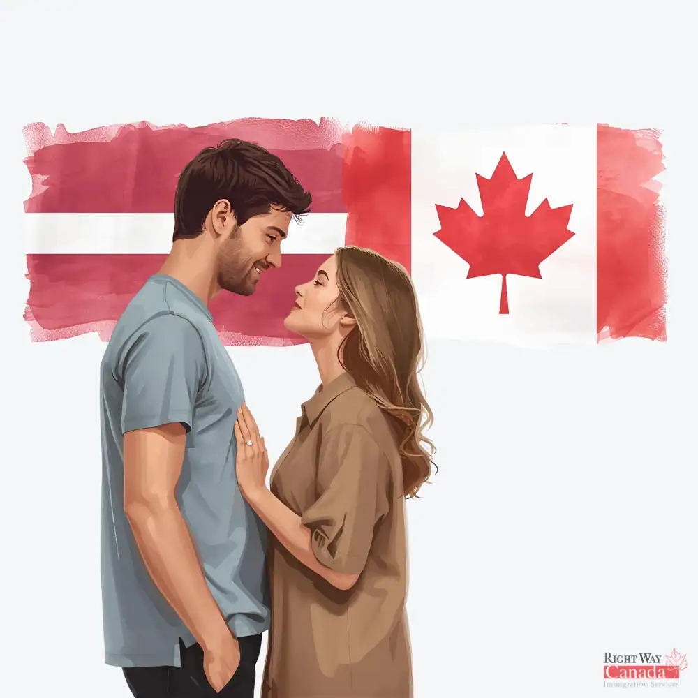 Couple with Latvian and Canadian flags representing spousal sponsorship from Latvia to Canada