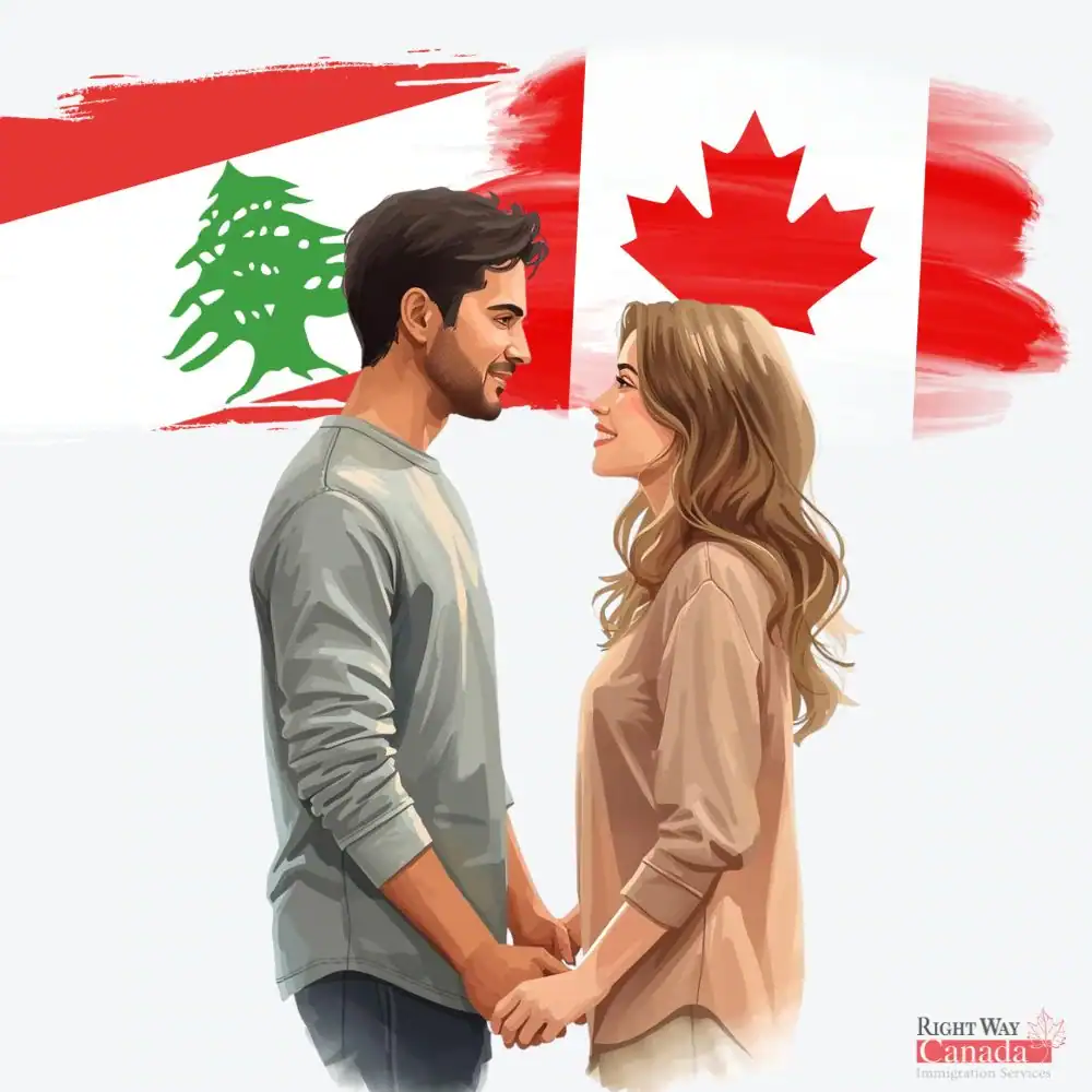 Couple with Lebanese and Canadian flags representing spousal sponsorship from Lebanon to Canada