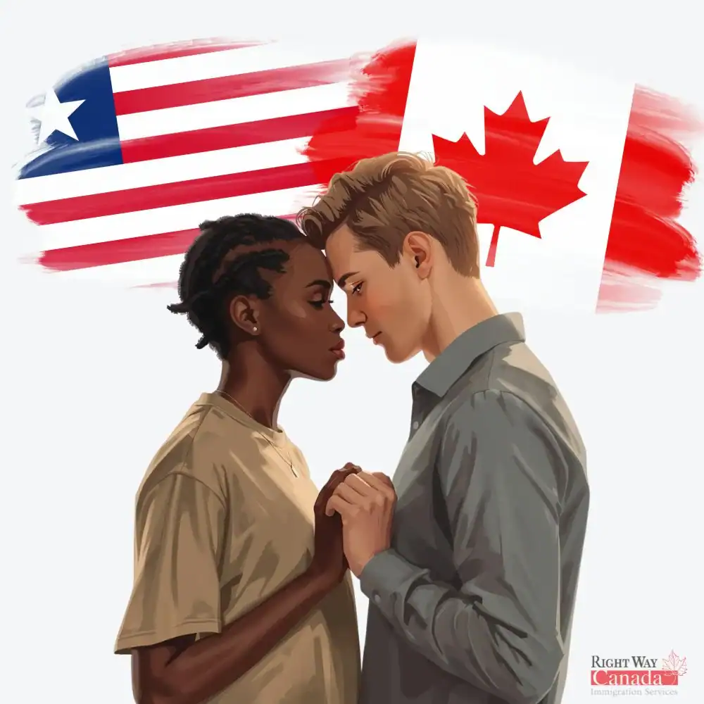 Couple with Liberian and Canadian flags representing spousal sponsorship from Liberia to Canada