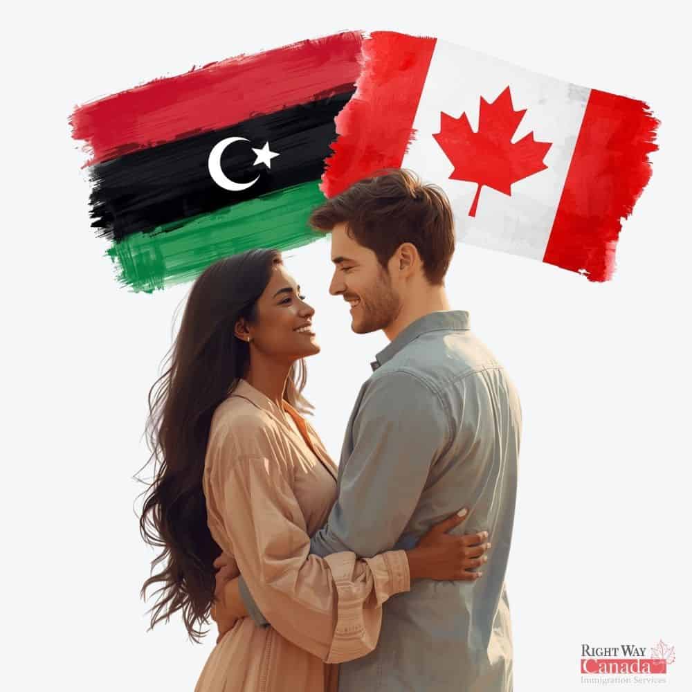 Couple with Libyan and Canadian flags representing spousal sponsorship from Libya to Canada