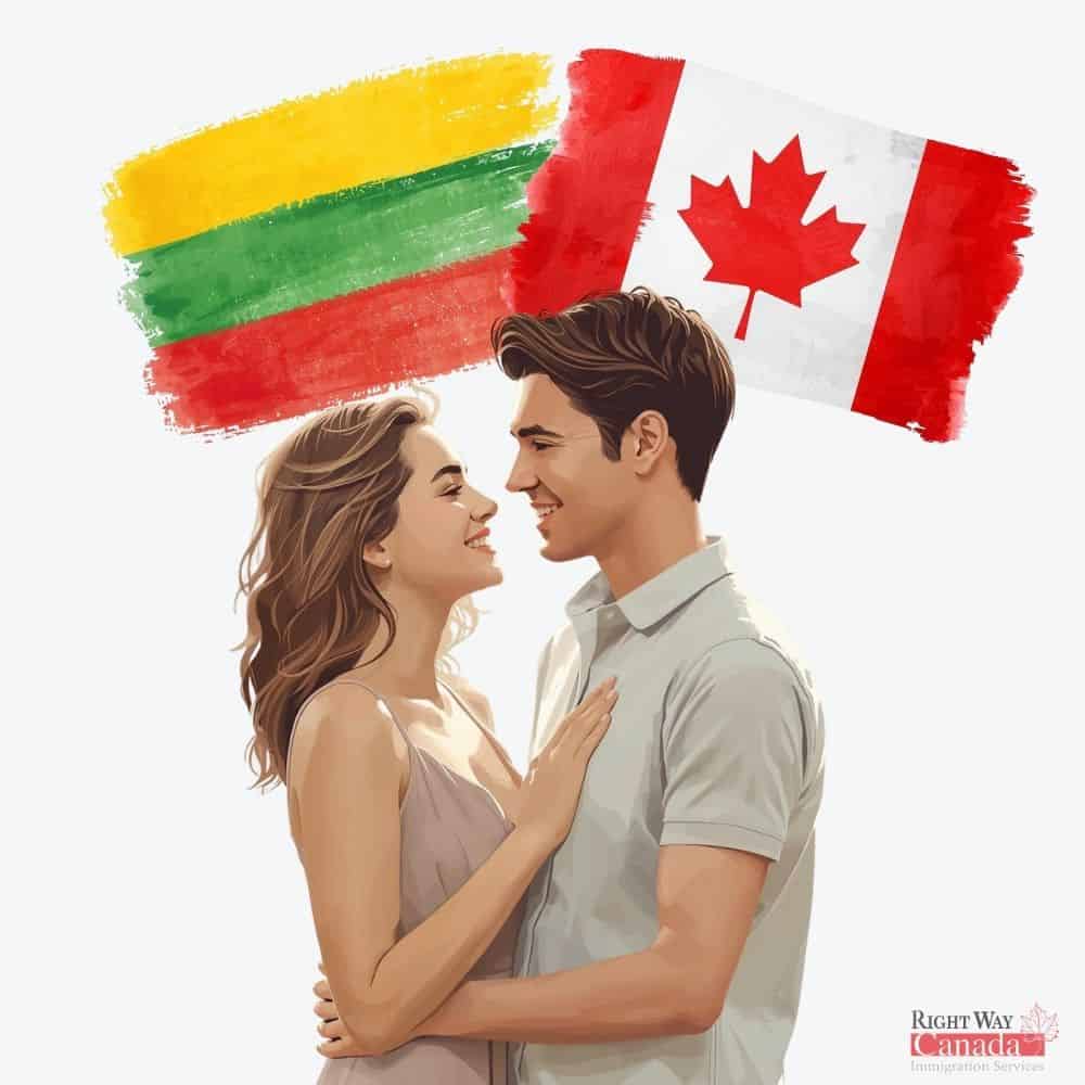 Couple with Lithuanian and Canadian flags representing spousal sponsorship from Lithuania to Canada