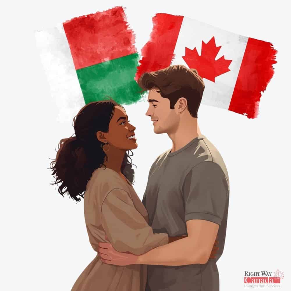 Couple with Malagasy and Canadian flags representing spousal sponsorship from Madagascar to Canada