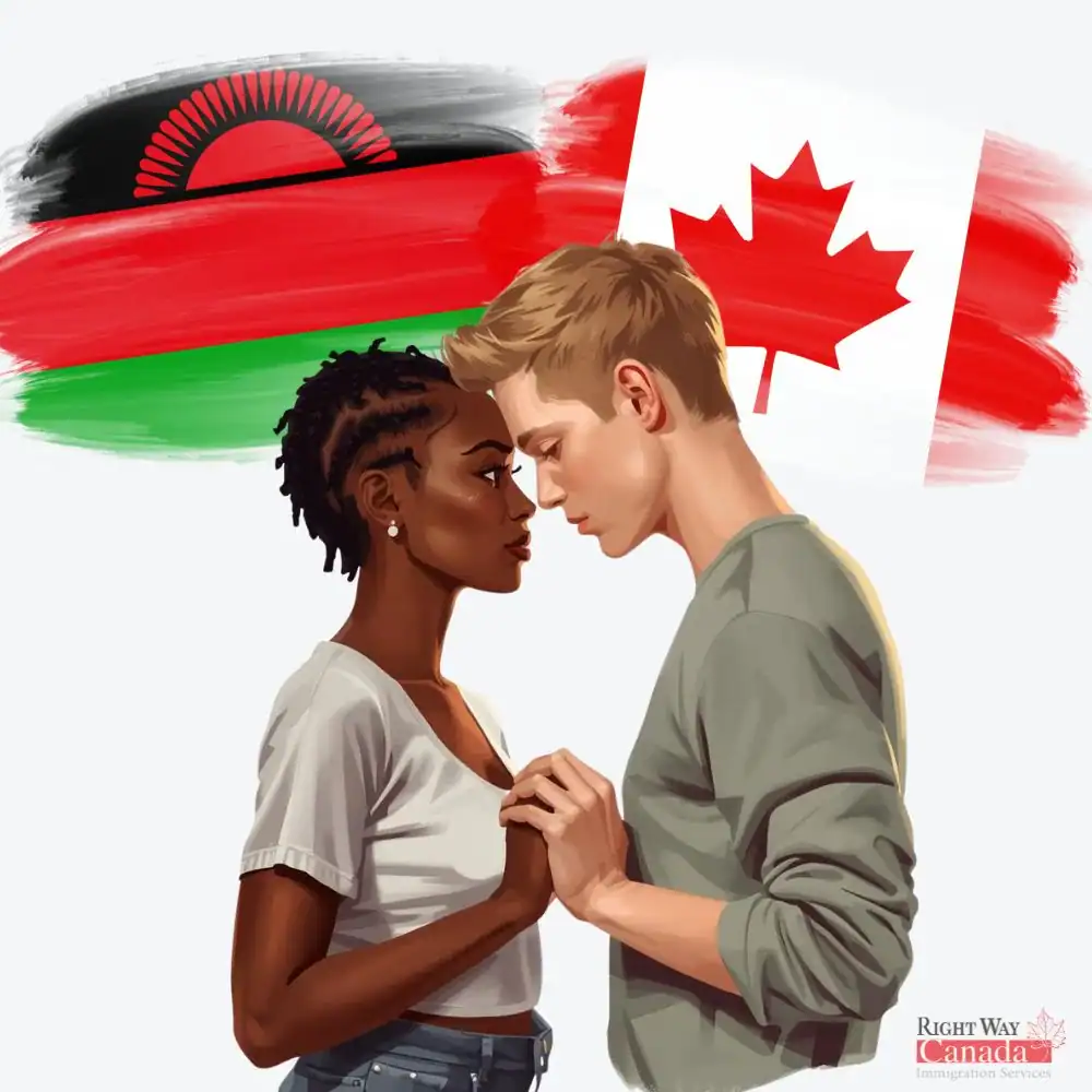 Couple with Malawian and Canadian flags representing spousal sponsorship from Malawi to Canada
