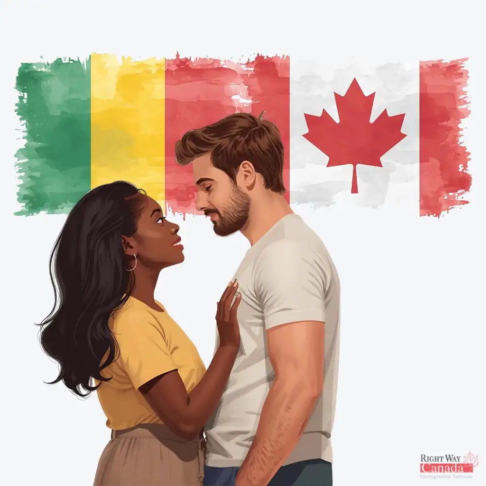 Couple with Malian and Canadian flags representing spousal sponsorship from Mali to Canada