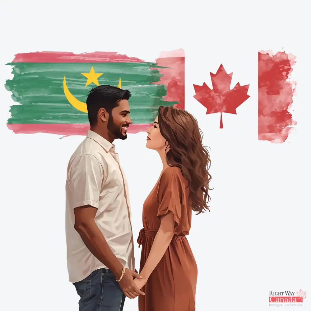 Couple with Mauritanian and Canadian flags representing spousal sponsorship from Mauritania to Canada