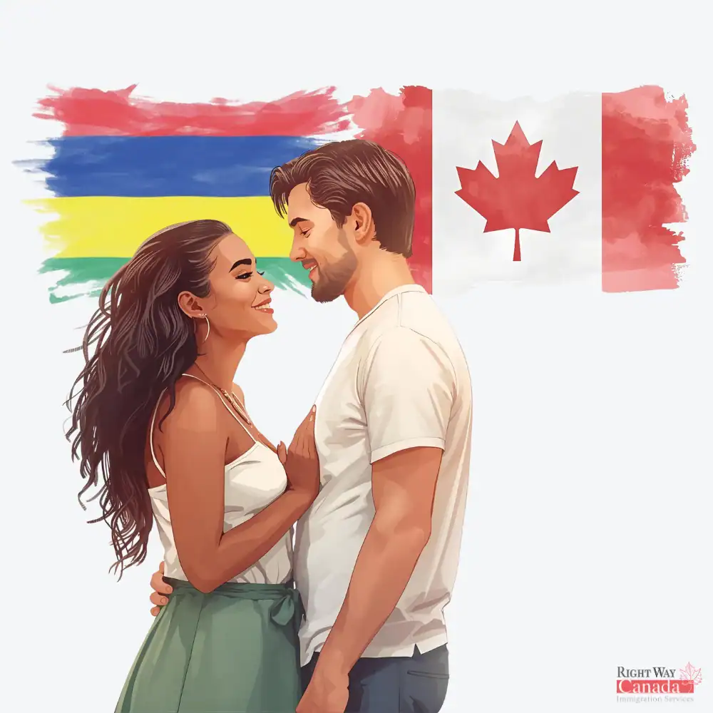 Couple with Mauritian and Canadian flags representing spousal sponsorship from Mauritius to Canada