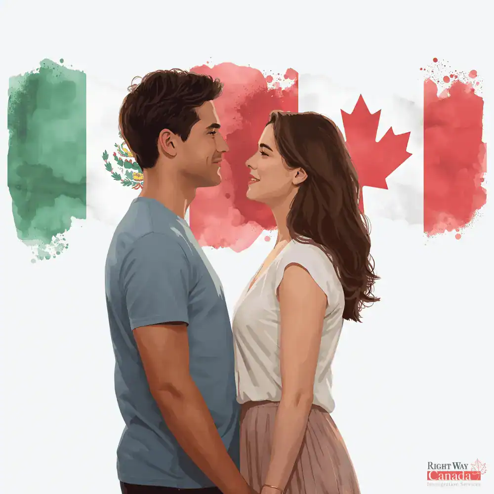 Couple with Mexican and Canadian flags representing spousal sponsorship from Mexico to Canada