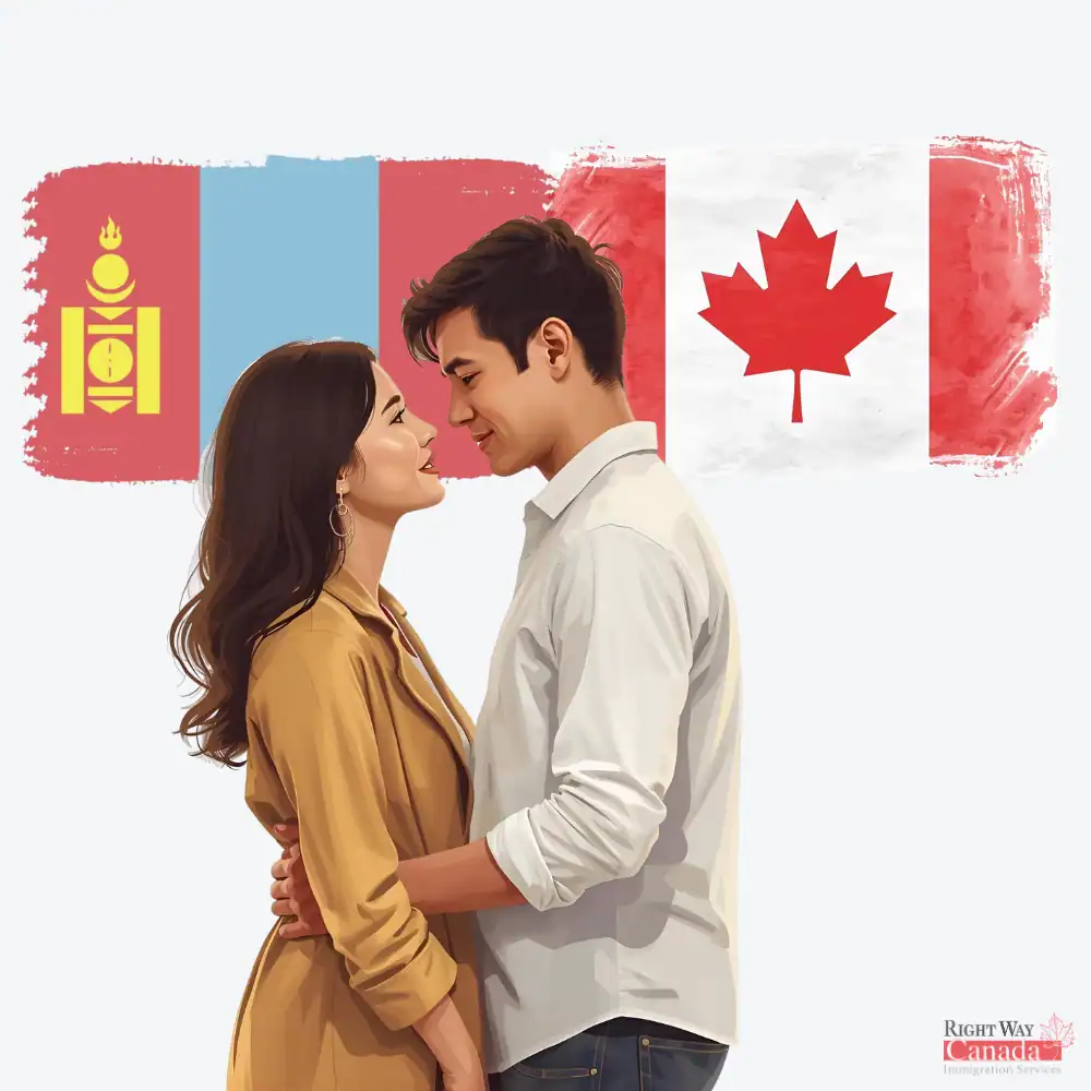 Couple with Mongolian and Canadian flags representing spousal sponsorship from Mongolia to Canada