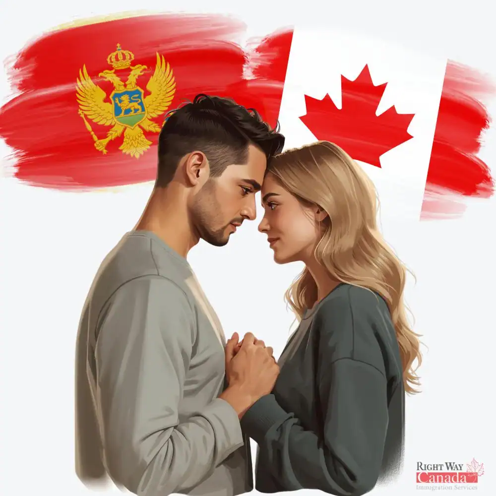 Couple with Montenegrin and Canadian flags representing spousal sponsorship from Montenegro to Canada