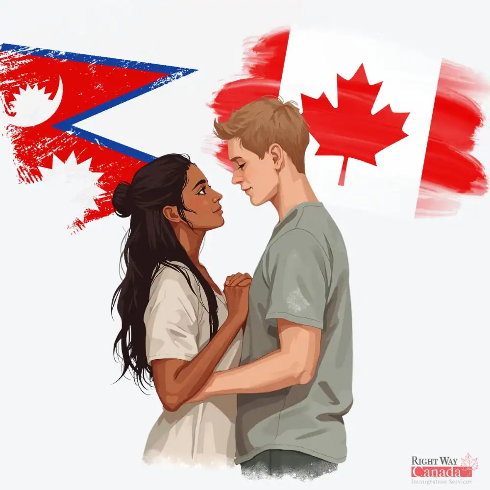 Couple with Nepali and Canadian flags representing spousal sponsorship from Nepal to Canada