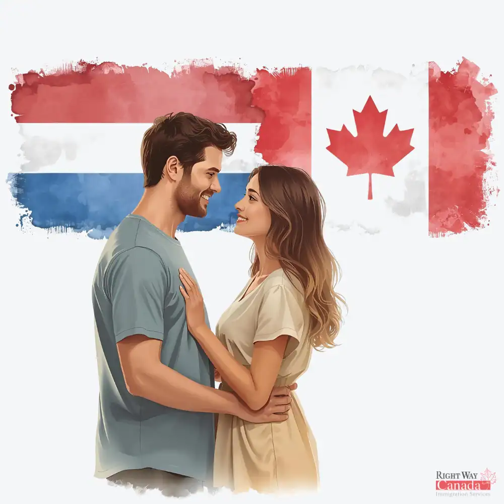 Couple with Dutch and Canadian flags representing spousal sponsorship from the Netherlands to Canada