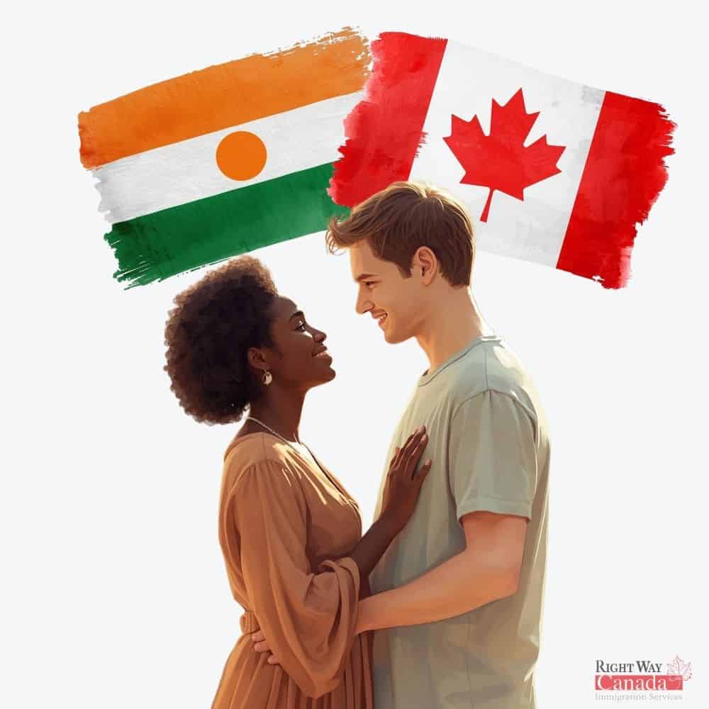 Couple with Nigerien and Canadian flags representing spousal sponsorship from Niger to Canada