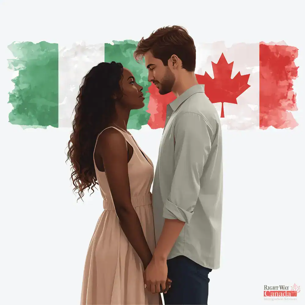 Couple with Nigerian and Canadian flags representing spousal sponsorship from Nigeria to Canada