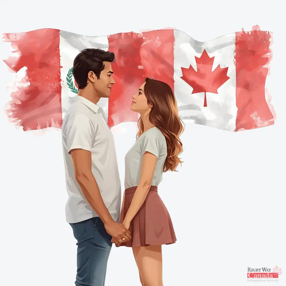 Couple with Peruvian and Canadian flags representing spousal sponsorship from Peru to Canada