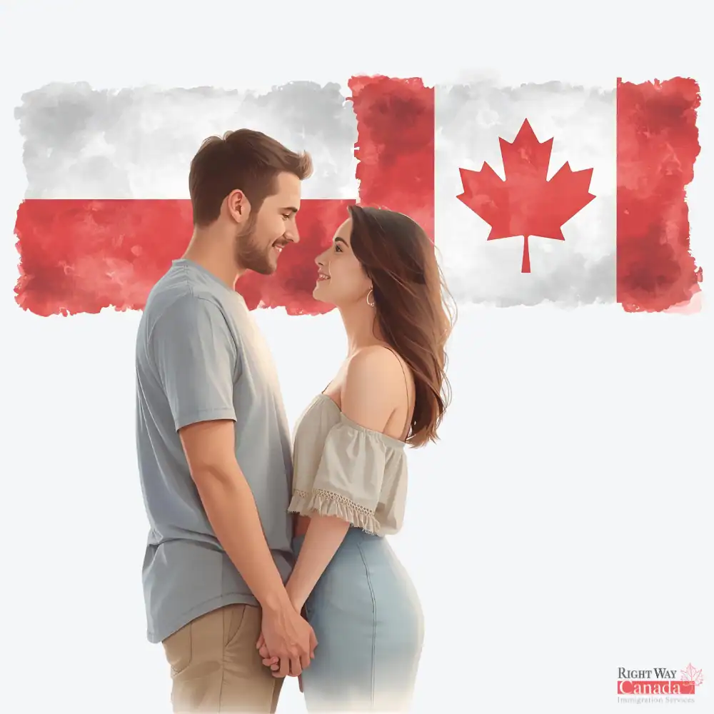 Couple with Polish and Canadian flags representing spousal sponsorship from Poland to Canada