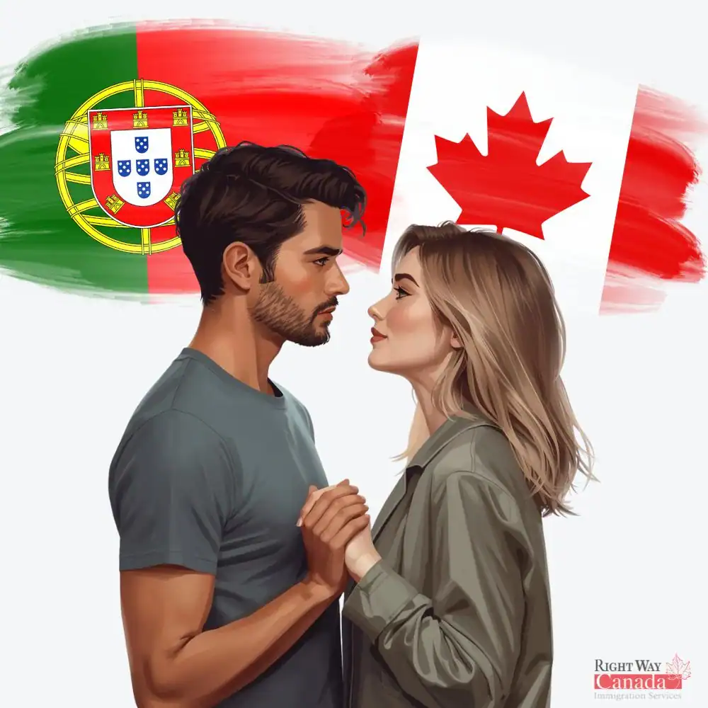 Couple with Portuguese and Canadian flags representing spousal sponsorship from Portugal to Canada