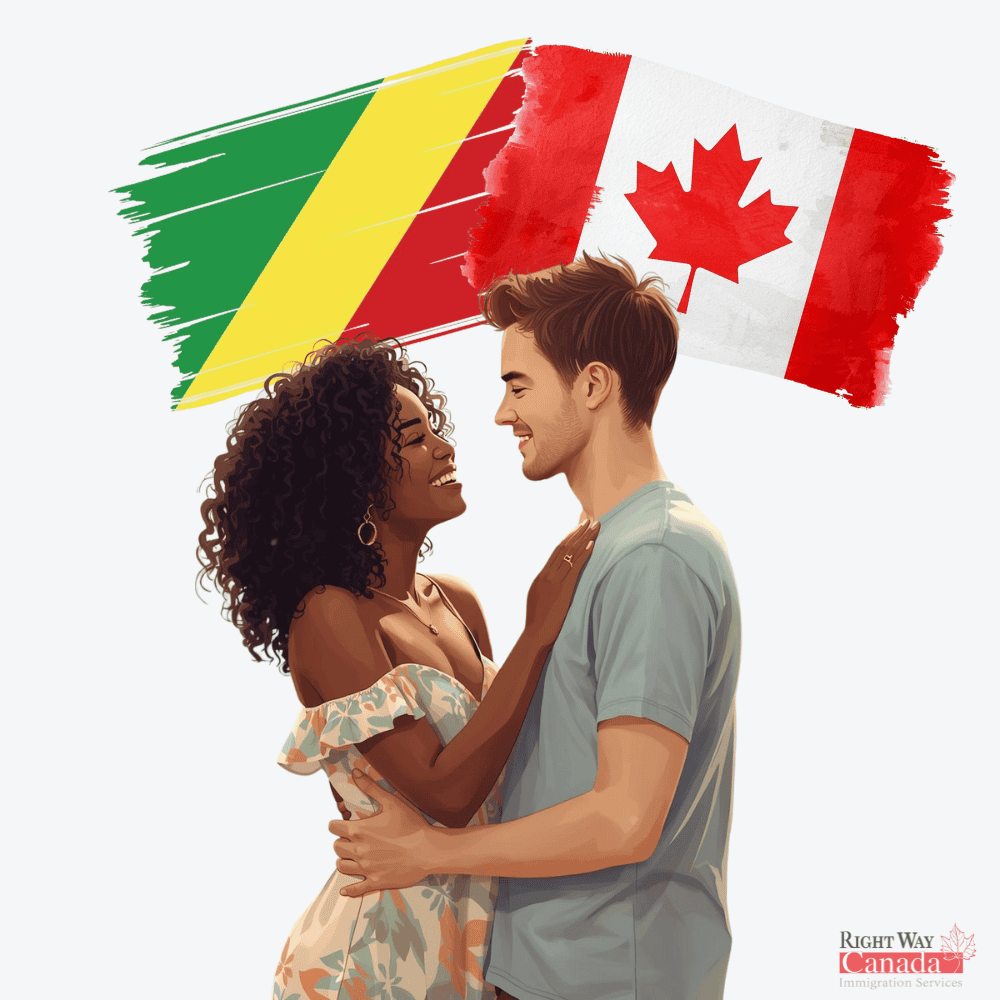 Couple with Congolese and Canadian flags representing spousal sponsorship from the Republic of the Congo to Canada