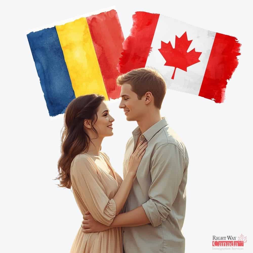Couple with Romanian and Canadian flags representing spousal sponsorship from Romania to Canada