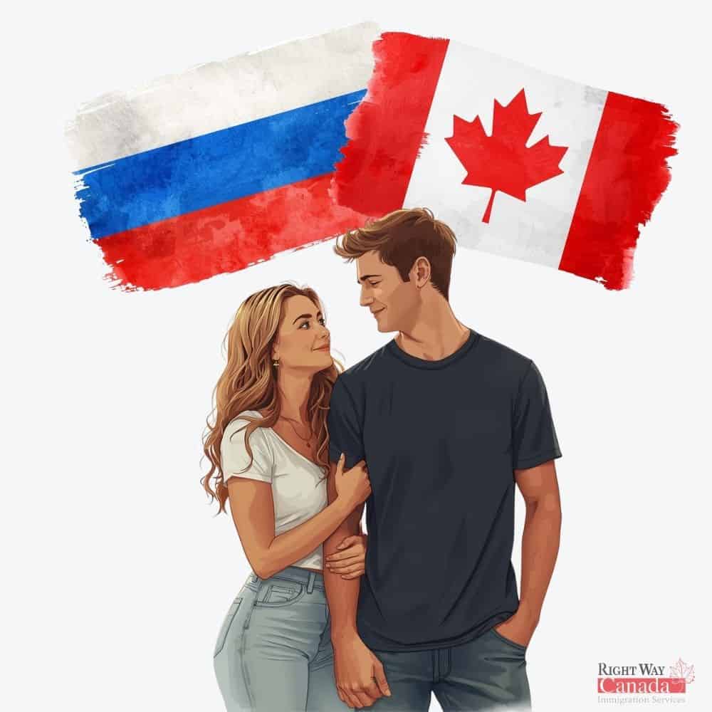 Couple with Russian and Canadian flags representing spousal sponsorship from Russia to Canada