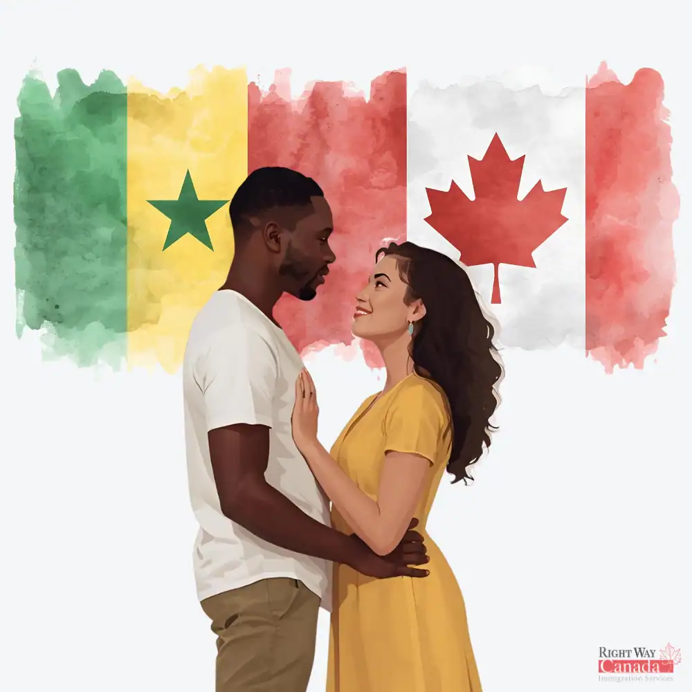 Couple with Senegalese and Canadian flags representing spousal sponsorship from Senegal to Canada