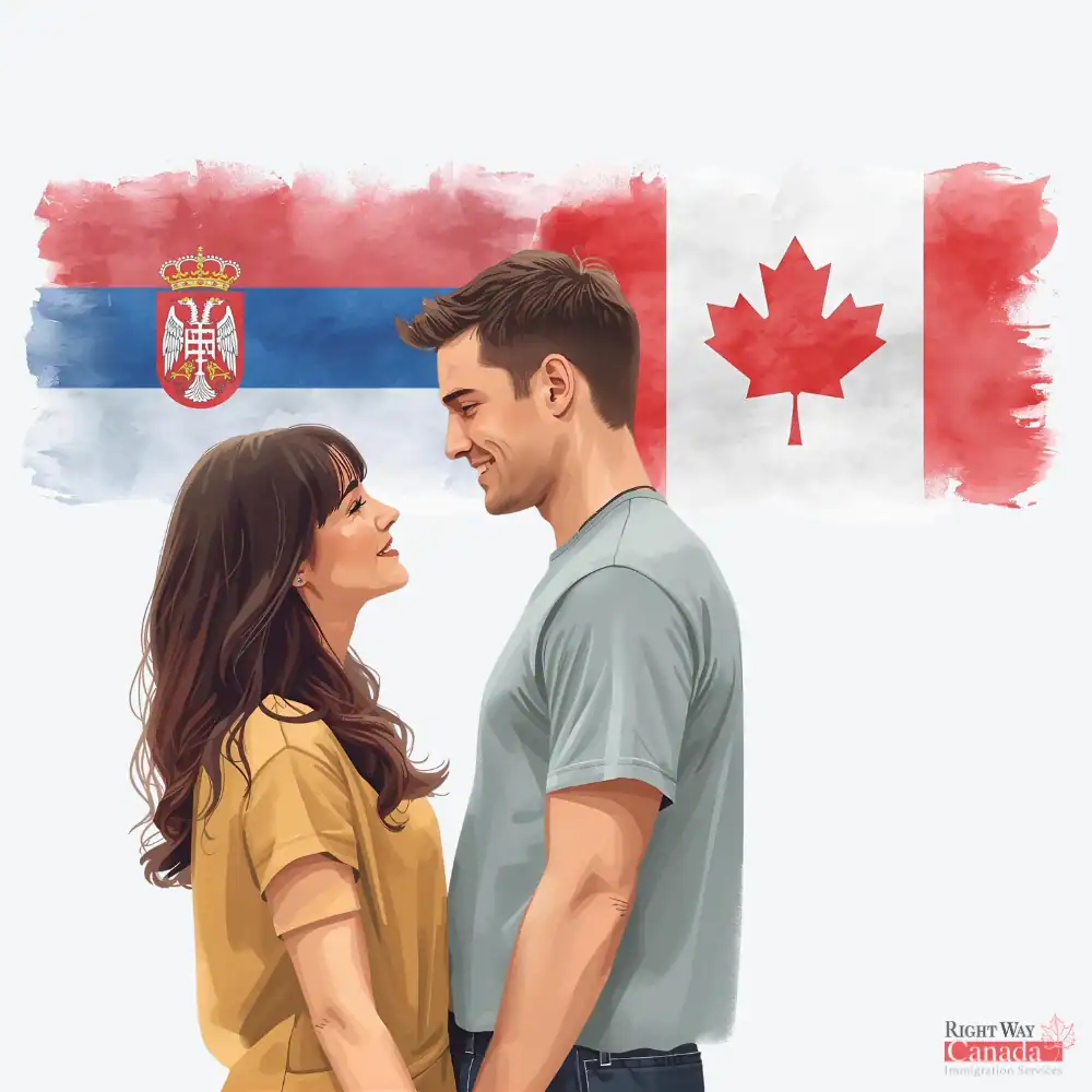 Couple with Serbian and Canadian flags representing spousal sponsorship from Serbia to Canada