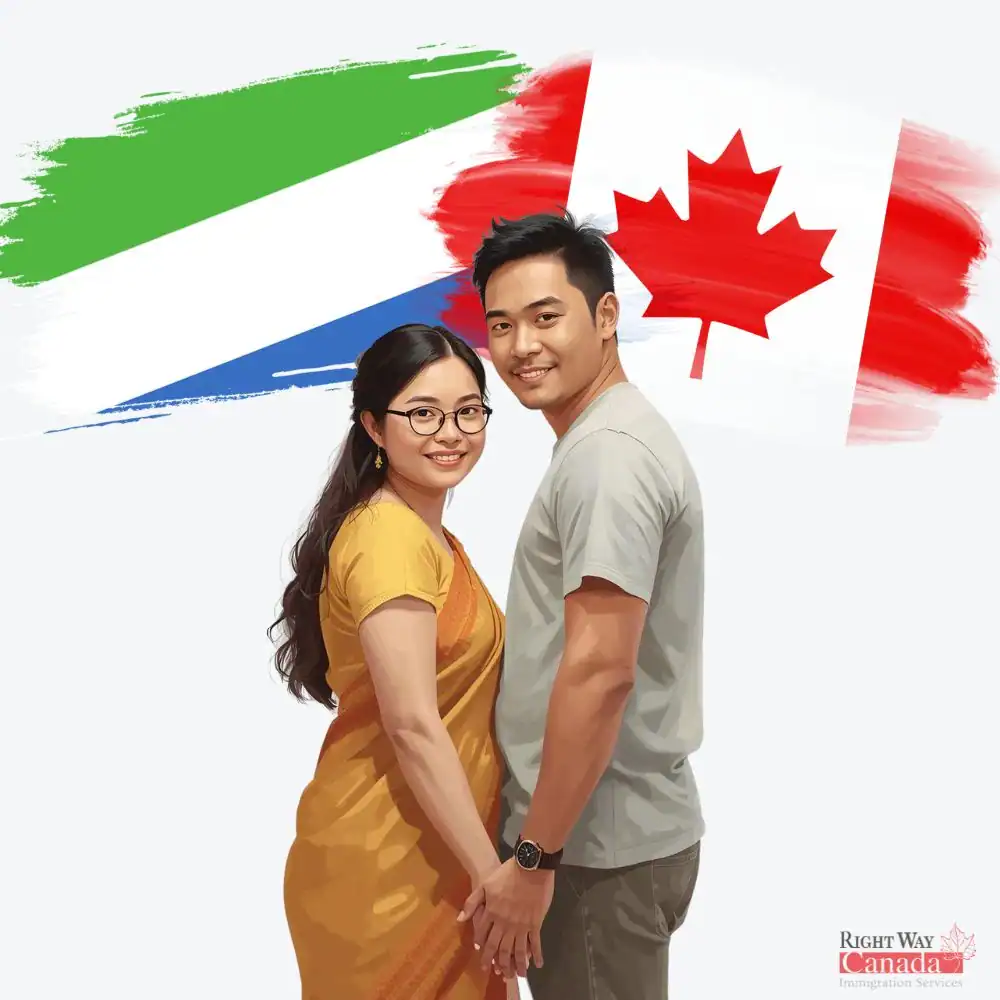 Couple with Sierra Leonean and Canadian flags representing spousal sponsorship from Sierra Leone to Canada