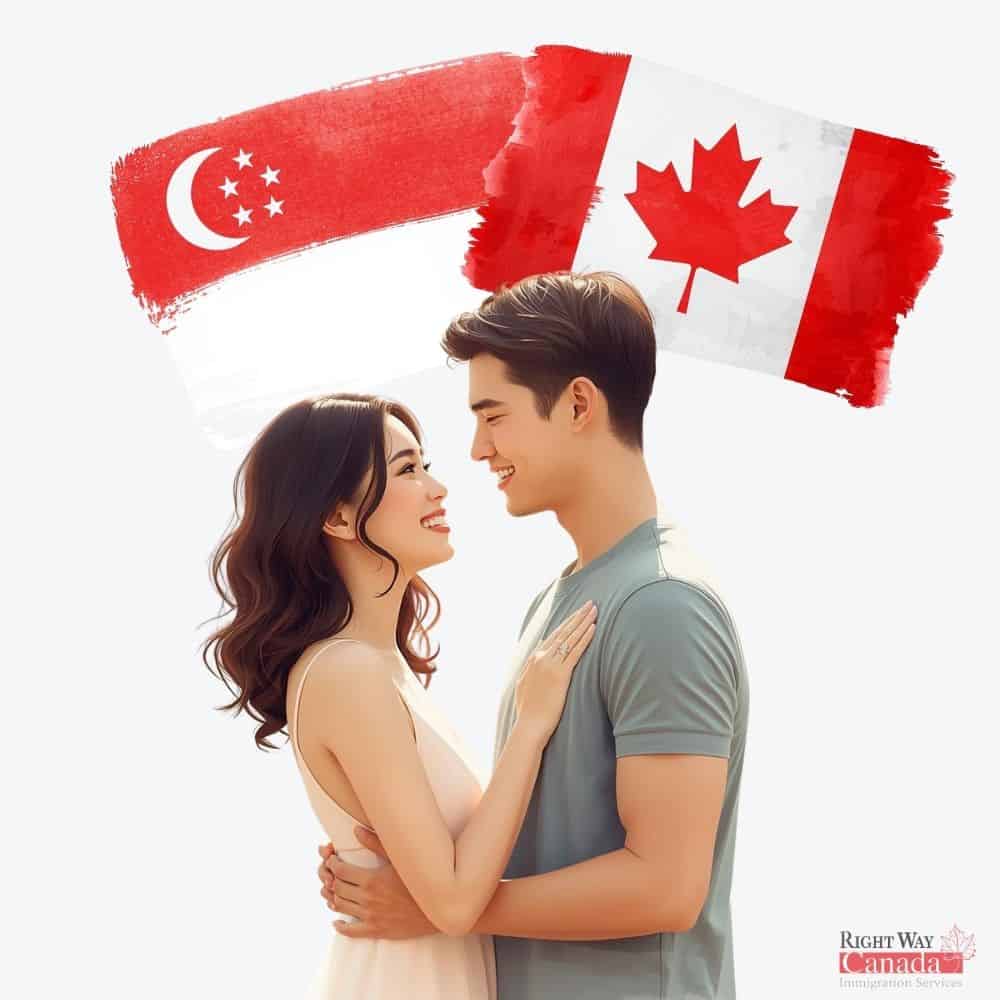 Couple with Singaporean and Canadian flags representing spousal sponsorship from Singapore to Canada