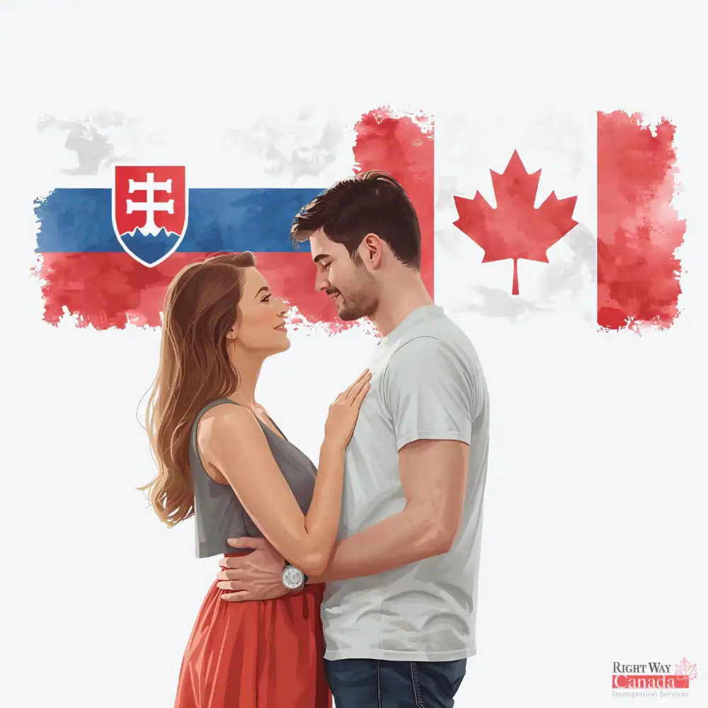 Couple with Slovak and Canadian flags representing spousal sponsorship from Slovakia to Canada