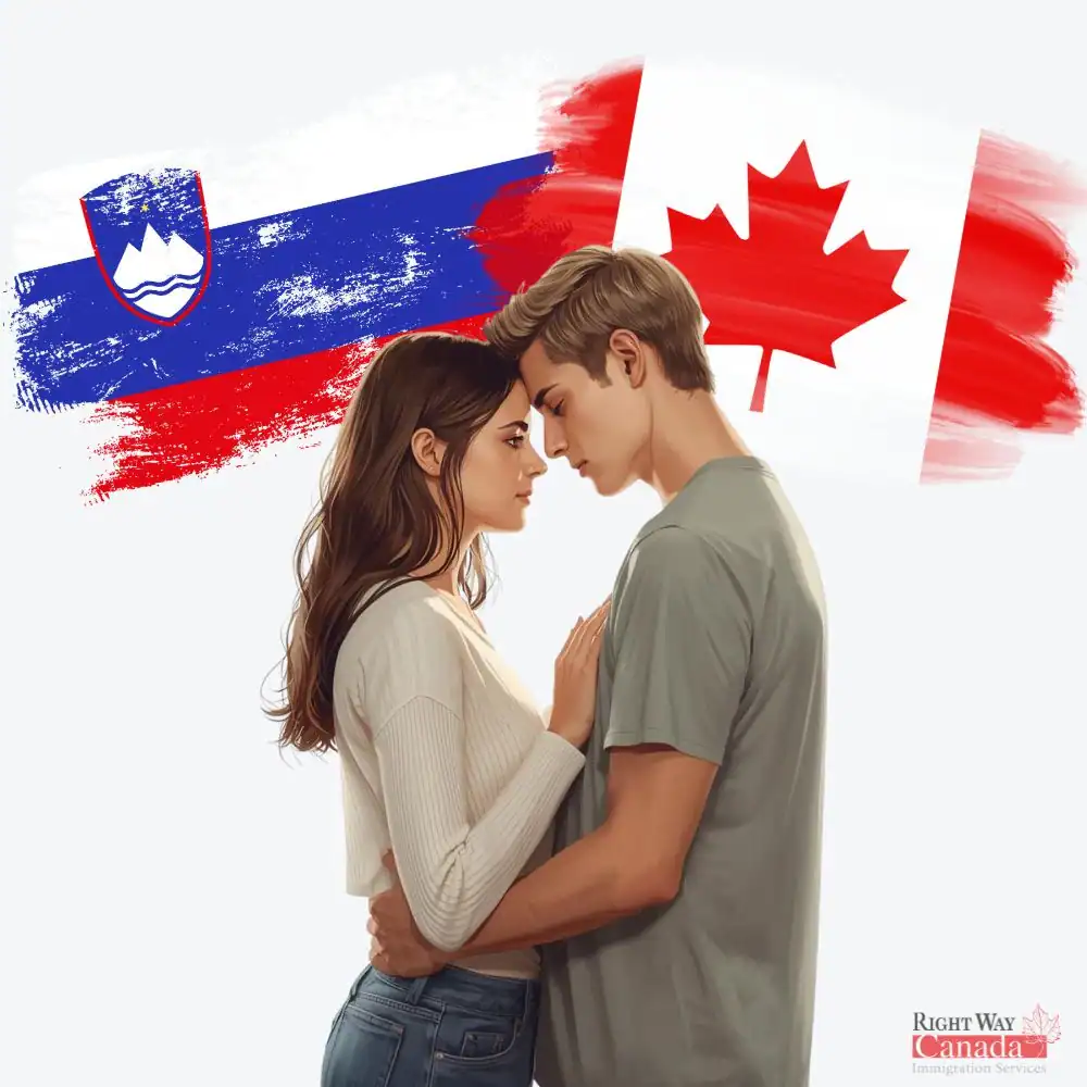 Couple with Slovenian and Canadian flags representing spousal sponsorship from Slovenia to Canada