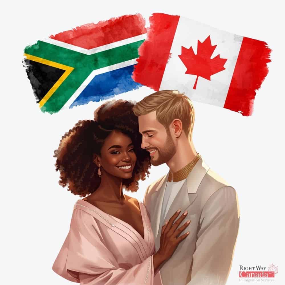 Couple with South African and Canadian flags representing spousal sponsorship from South Africa to Canada
