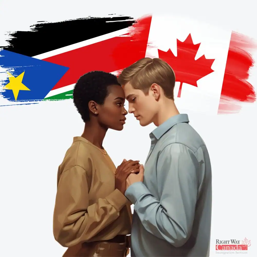 Couple with South Sudanese and Canadian flags representing spousal sponsorship from South Sudan to Canada