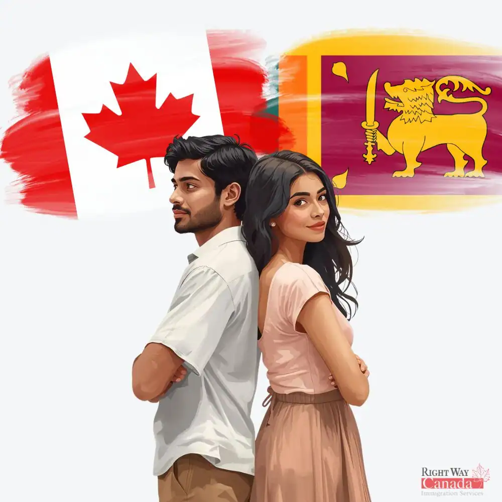 Couple with Sri Lankan and Canadian flags representing spousal sponsorship from Sri Lanka to Canada