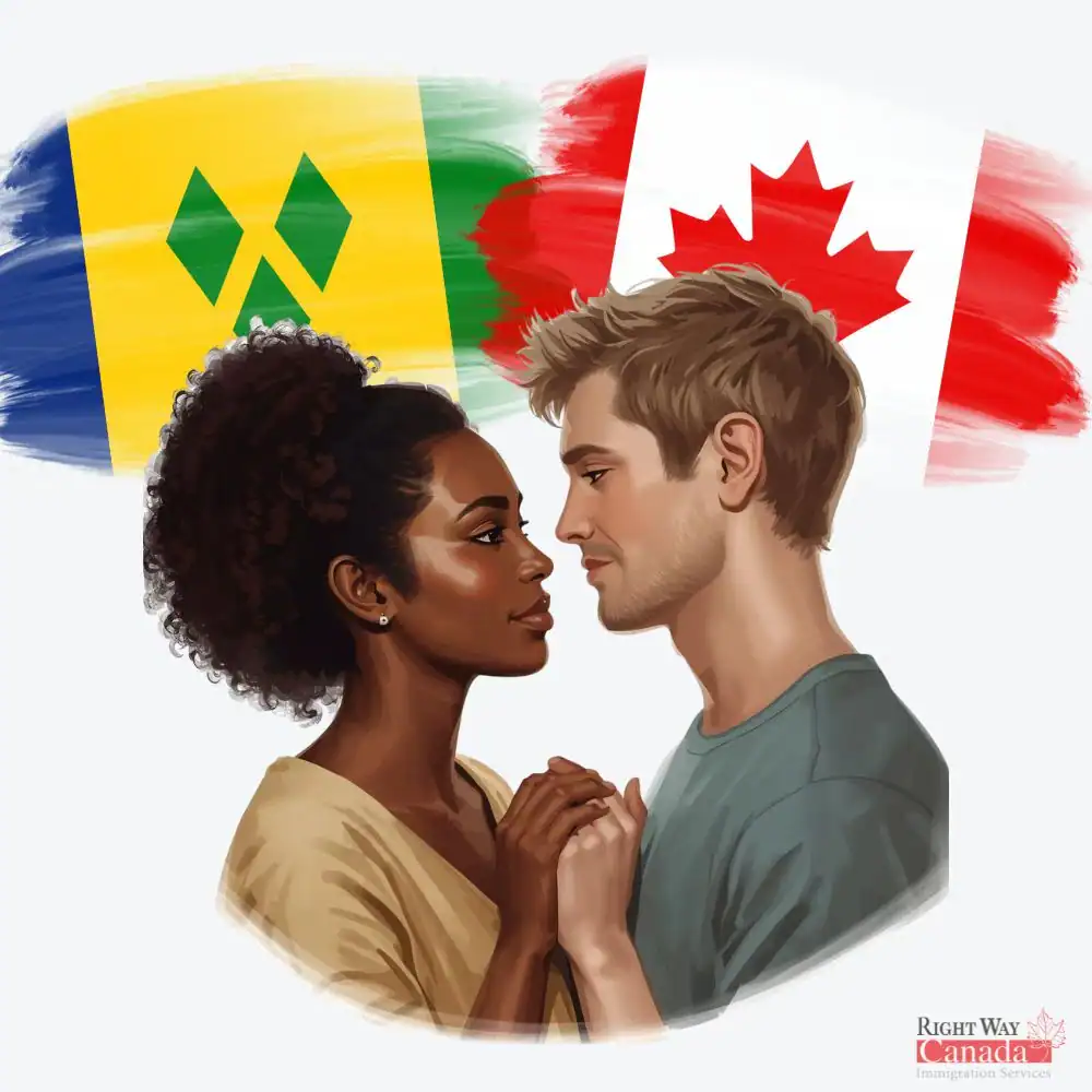 Couple with Vincentian and Canadian flags representing spousal sponsorship from St. Vincent and the Grenadines to Canada
