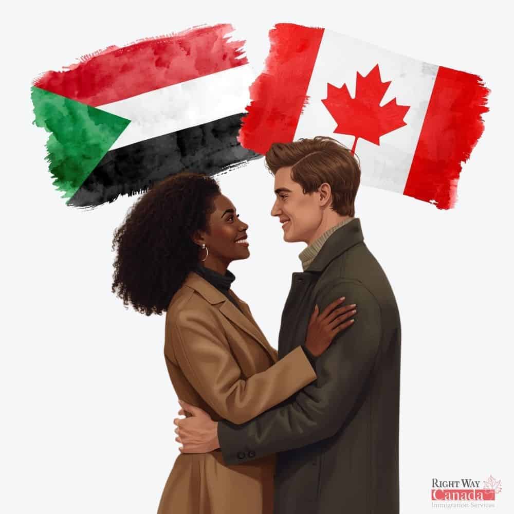 Couple with Sudanese and Canadian flags representing spousal sponsorship from Sudan to Canada