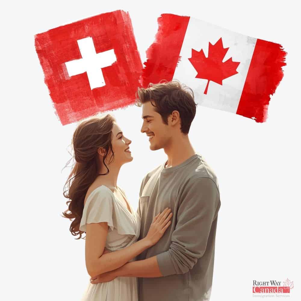 Couple with Swiss and Canadian flags representing spousal sponsorship from Switzerland to Canada