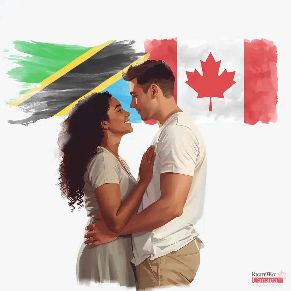Couple with Tanzanian and Canadian flags representing spousal sponsorship from Tanzania to Canada