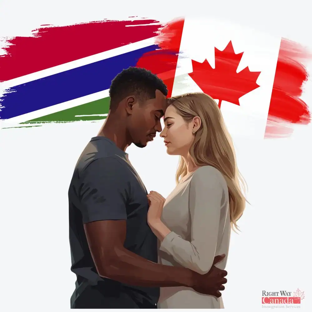 Couple with Gambian and Canadian flags representing spousal sponsorship from The Gambia to Canada