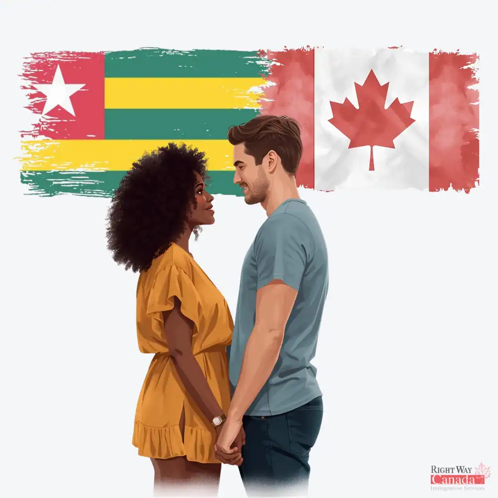 Couple with Togolese and Canadian flags representing spousal sponsorship from Togo to Canada