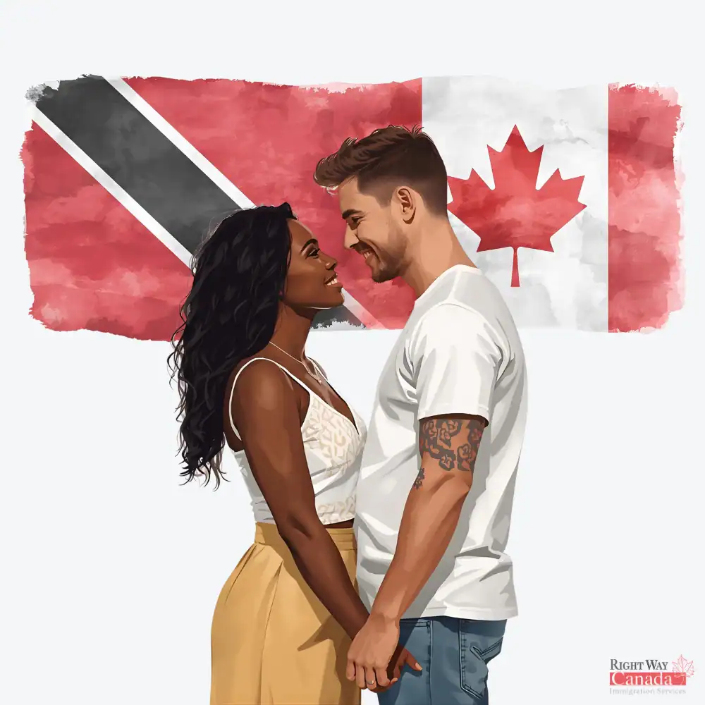 Couple with Trinidadian and Tobagonian and Canadian flags representing spousal sponsorship from Trinidad and Tobago to Canada