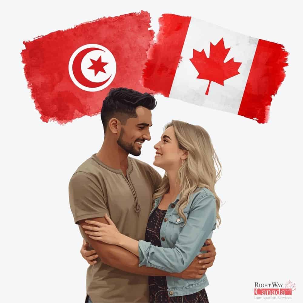 Couple with Tunisian and Canadian flags representing spousal sponsorship from Tunisia to Canada