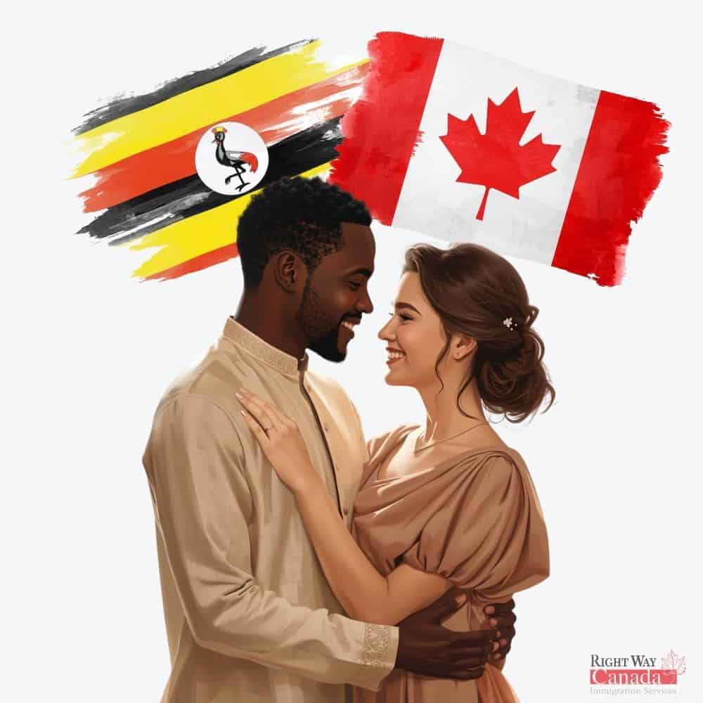 Couple with Ugandan and Canadian flags representing spousal sponsorship from Uganda to Canada