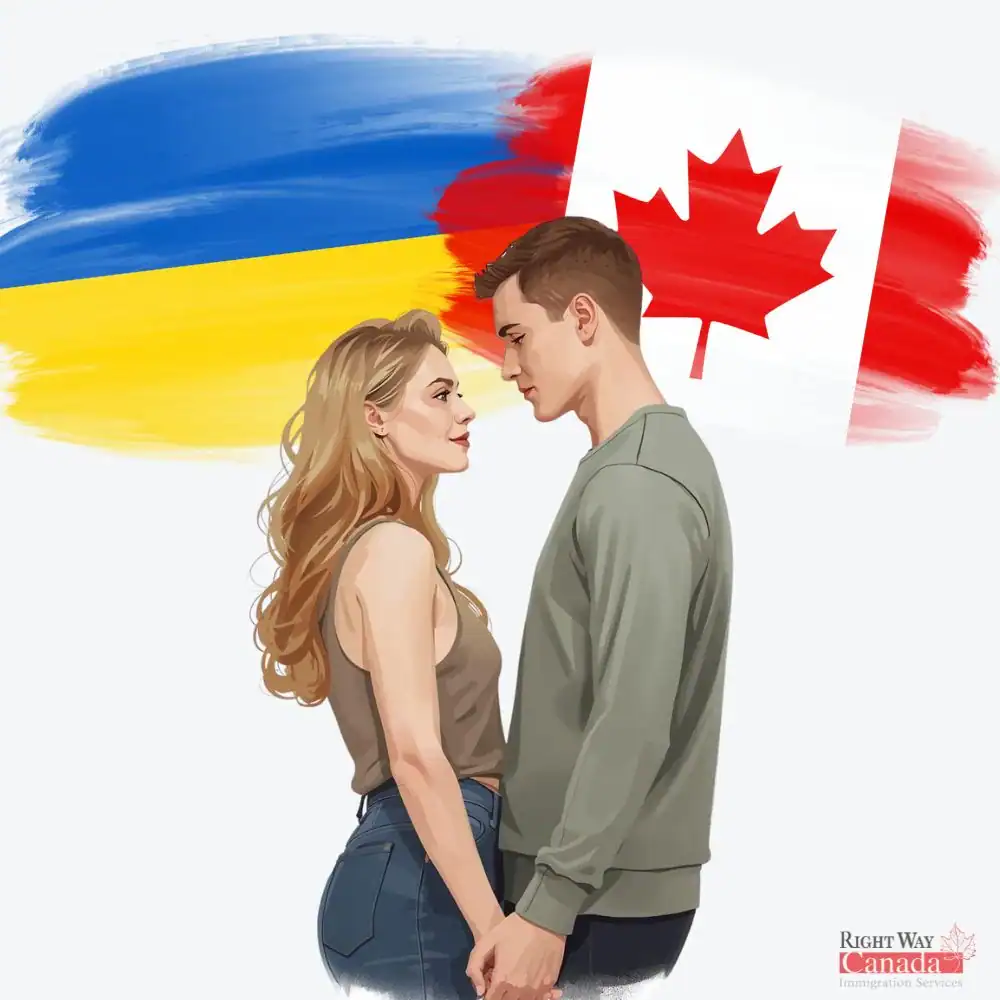 Couple with Ukrainian and Canadian flags representing spousal sponsorship from Ukraine to Canada